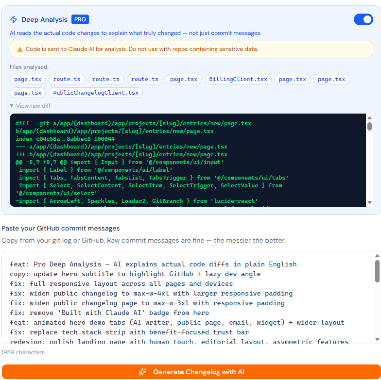 Deep Analysis feature — AI reads actual code diffs
